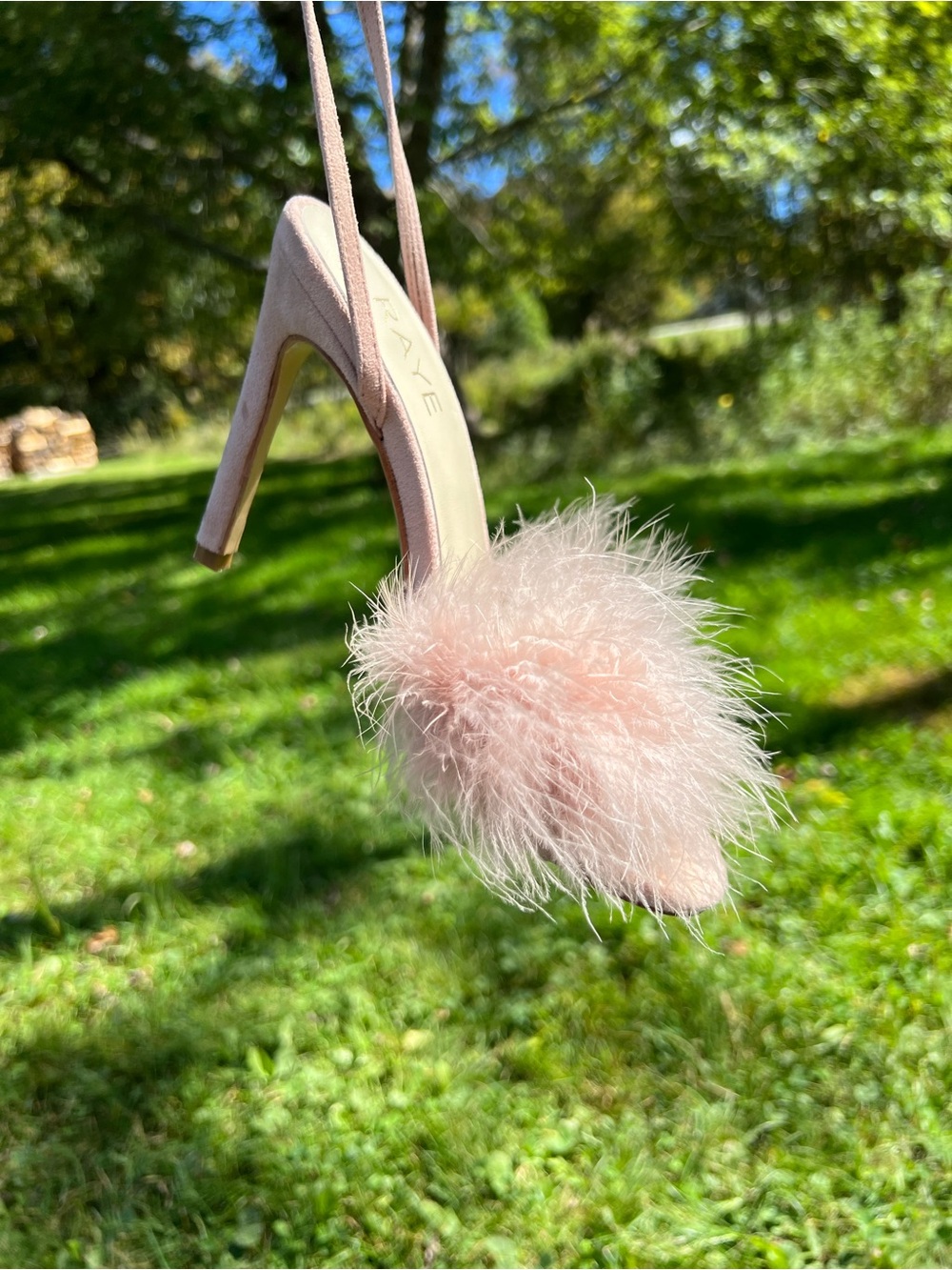 RAYE Fara Heels in light pink. Real Fur toe straps.